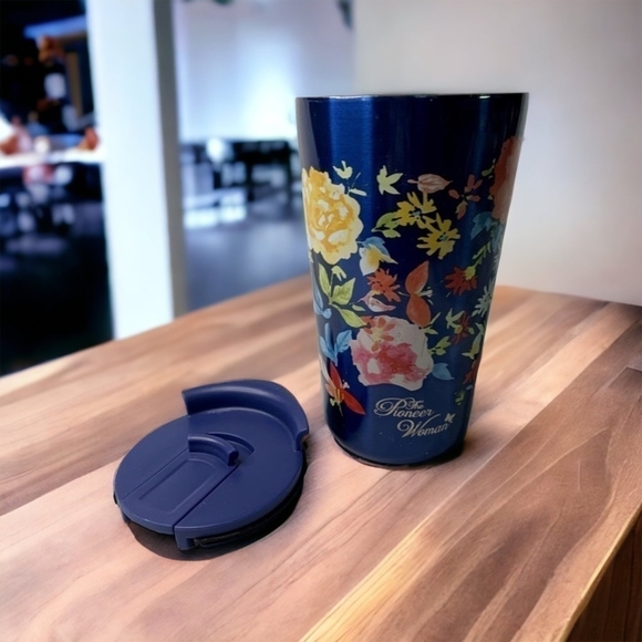 Travel Tumbler Blue Multicolored Floral Print PIONEER WOMAN Aluminum Mug & Lid - Picture 1 of 6